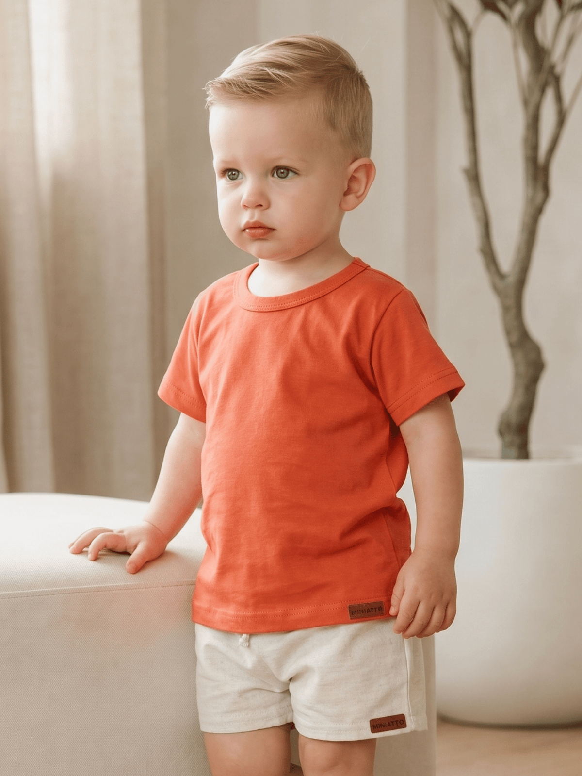 Conjunto Bebê Menino Verão Camiseta Algodão 100% + Short Linho Laranja Ferrugem/Off-White (0-4)
