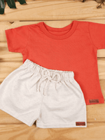 Conjunto Bebê Menino Verão Camiseta Algodão 100% + Short Linho Laranja Ferrugem/Off-White (0-4)