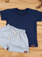 Conjunto Bebê Menino Verão Camiseta Algodão 100% + Short Linho Azul Marinho/Azul (0-4)