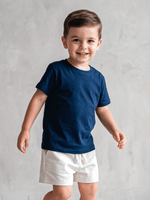 Conjunto Bebê Menino Verão Camiseta Algodão 100% + Short Linho Azul Marinho/Branco (0-4)