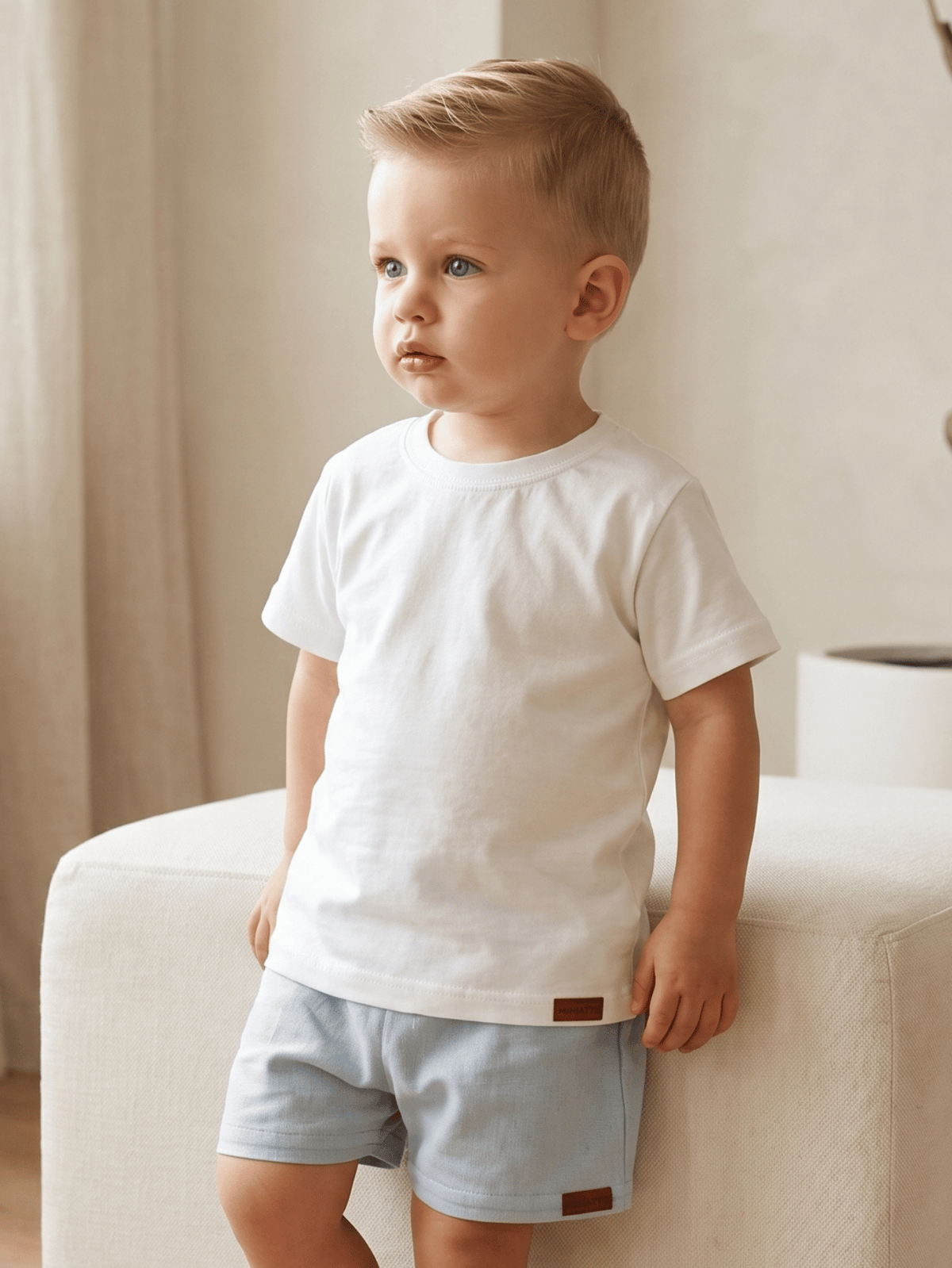 Conjunto Bebê Menino Verão Camiseta Algodão 100% + Short Linho Off-White/Azul (0-4)