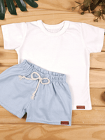 Conjunto Bebê Menino Verão Camiseta Algodão 100% + Short Linho Off-White/Azul (0-4)