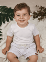 Conjunto Bebê Menino Verão Camiseta Algodão 100% + Short Linho Off-White/Branco (0-4)