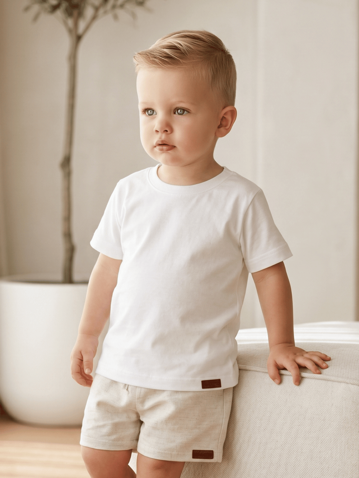 Conjunto Bebê Menino Verão Camiseta Algodão 100% + Short Linho Off-White (0-4)