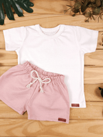 Conjunto Bebê Menino Verão Camiseta Algodão 100% + Short Linho Off-White/Rosa (0-4)