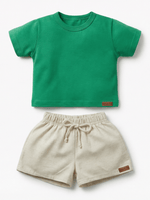 Conjunto Bebê Menino Verão Camiseta Algodão 100% + Short Linho Verde/Off-White (0-4)