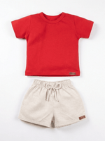 Conjunto Bebê Menino Verão Camiseta Algodão 100% + Short Linho Vermelha/Off-White (0-4)