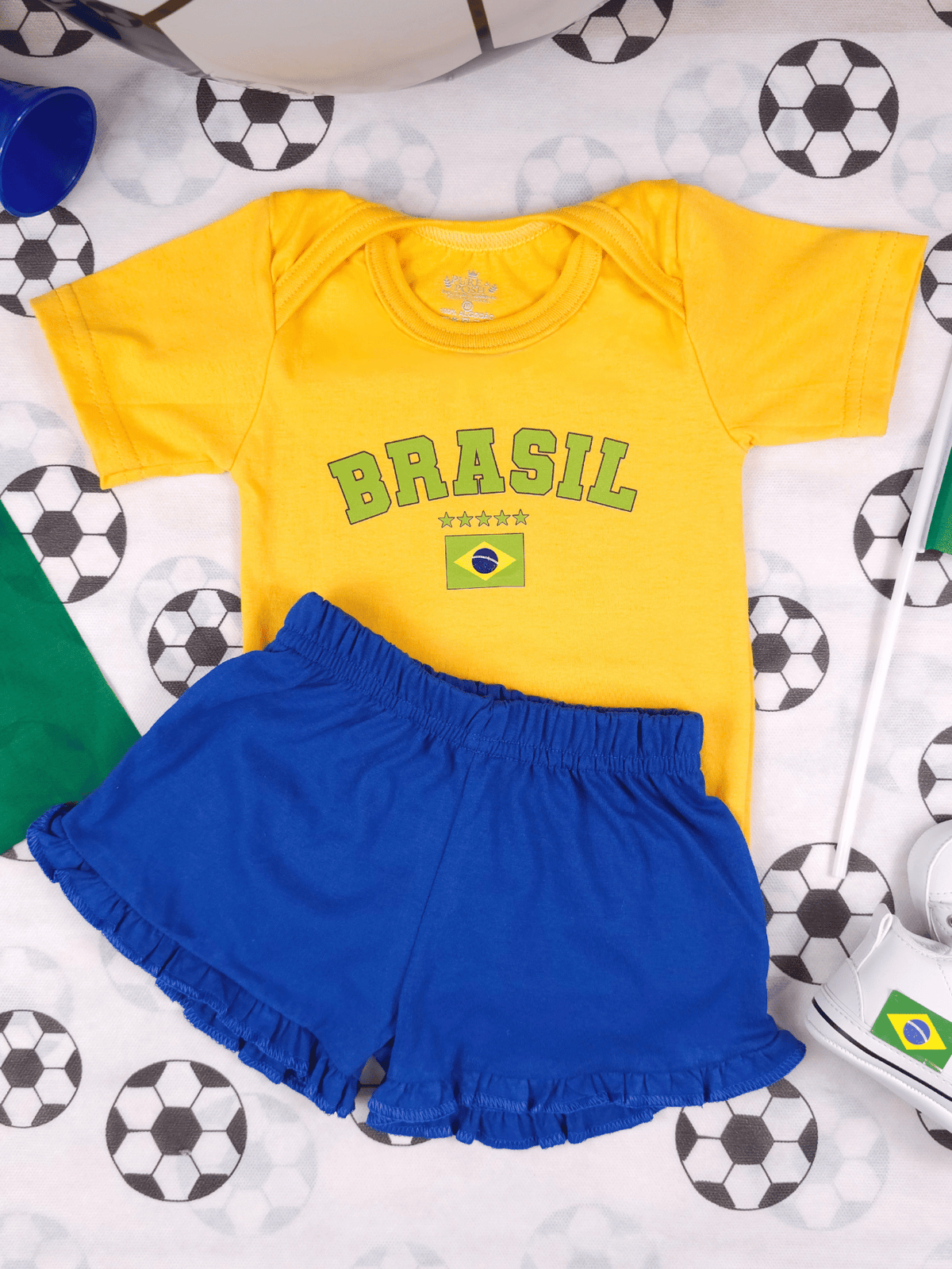 Conjunto Roupa Infantil Menina Body Brasil Amarelo e Short Babadinho Bebê