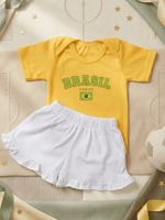 Conjunto Roupa Infantil Menina Body Brasil Amarelo e Short Babadinho Bebê