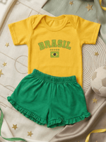 Conjunto Roupa Infantil Menina Body Brasil Amarelo e Short Babadinho Bebê