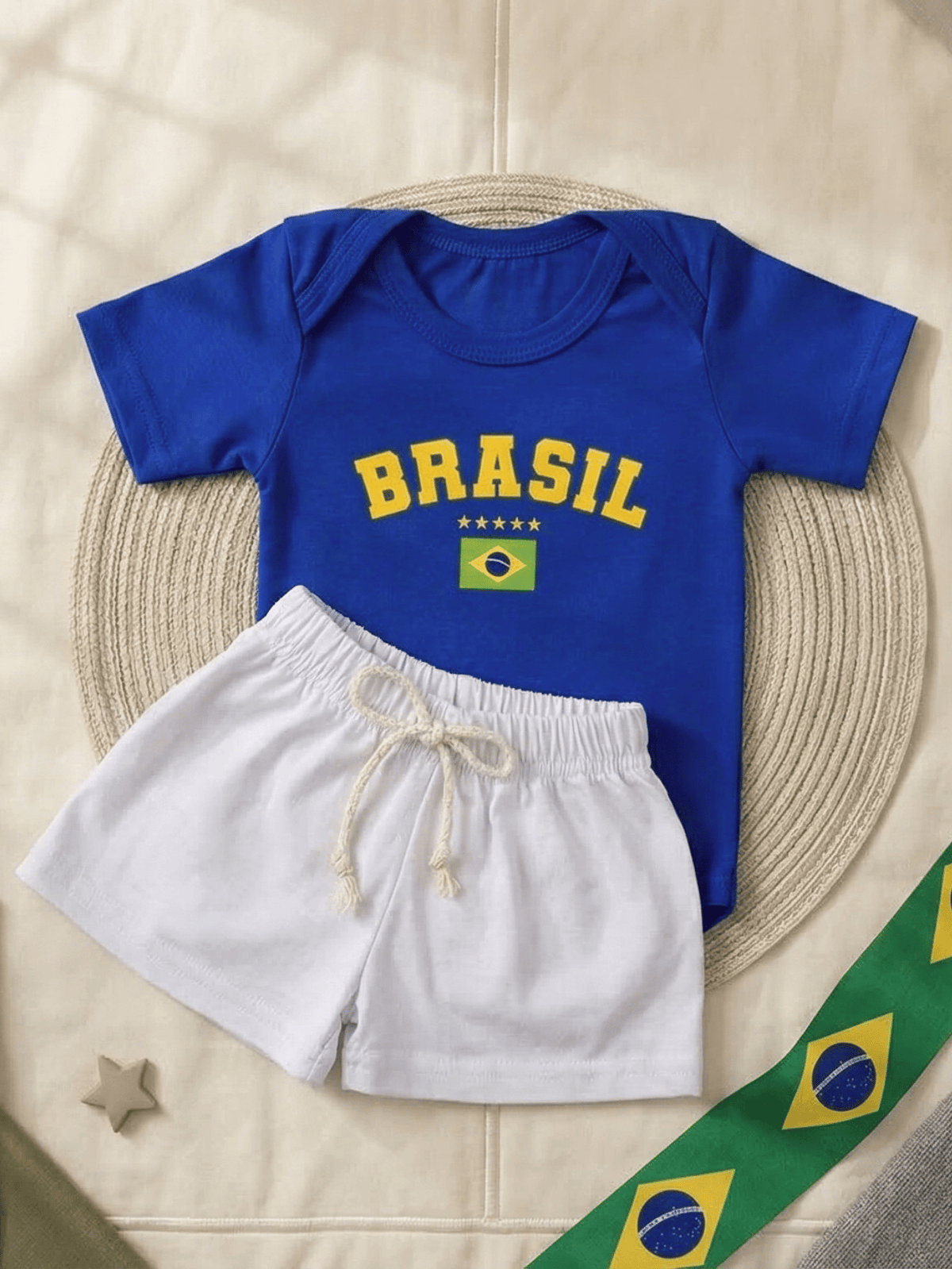 Conjunto Bebê Menino Brasil Body Azul e Short de Malha 100% Algodão