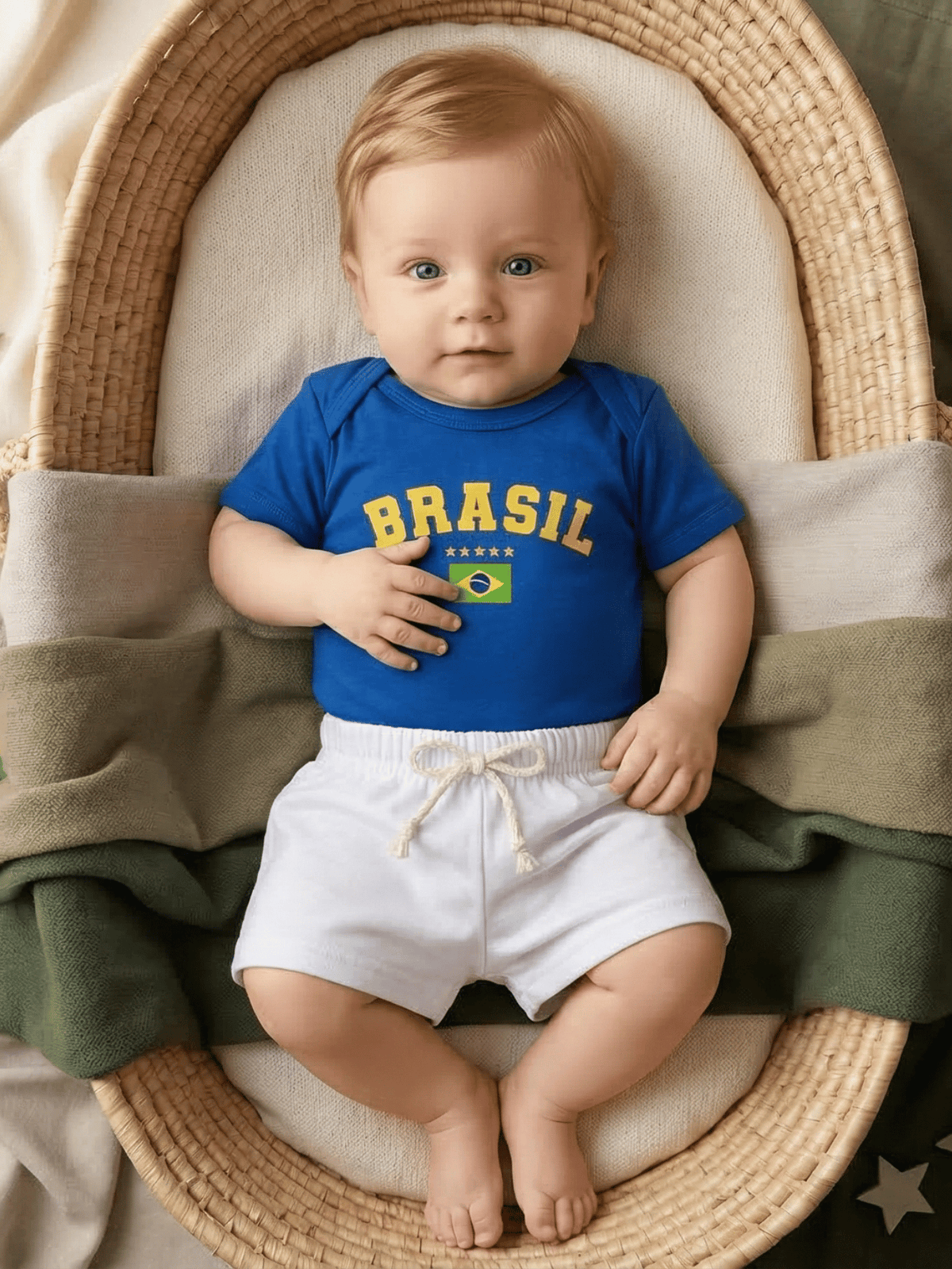 Conjunto Bebê Menino Brasil Body Azul e Short de Malha 100% Algodão
