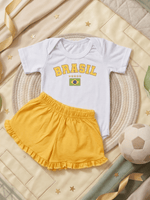 Conjunto Bebê Menina Body Branco Brasil Copa com Short Babadinho 100% Algodão