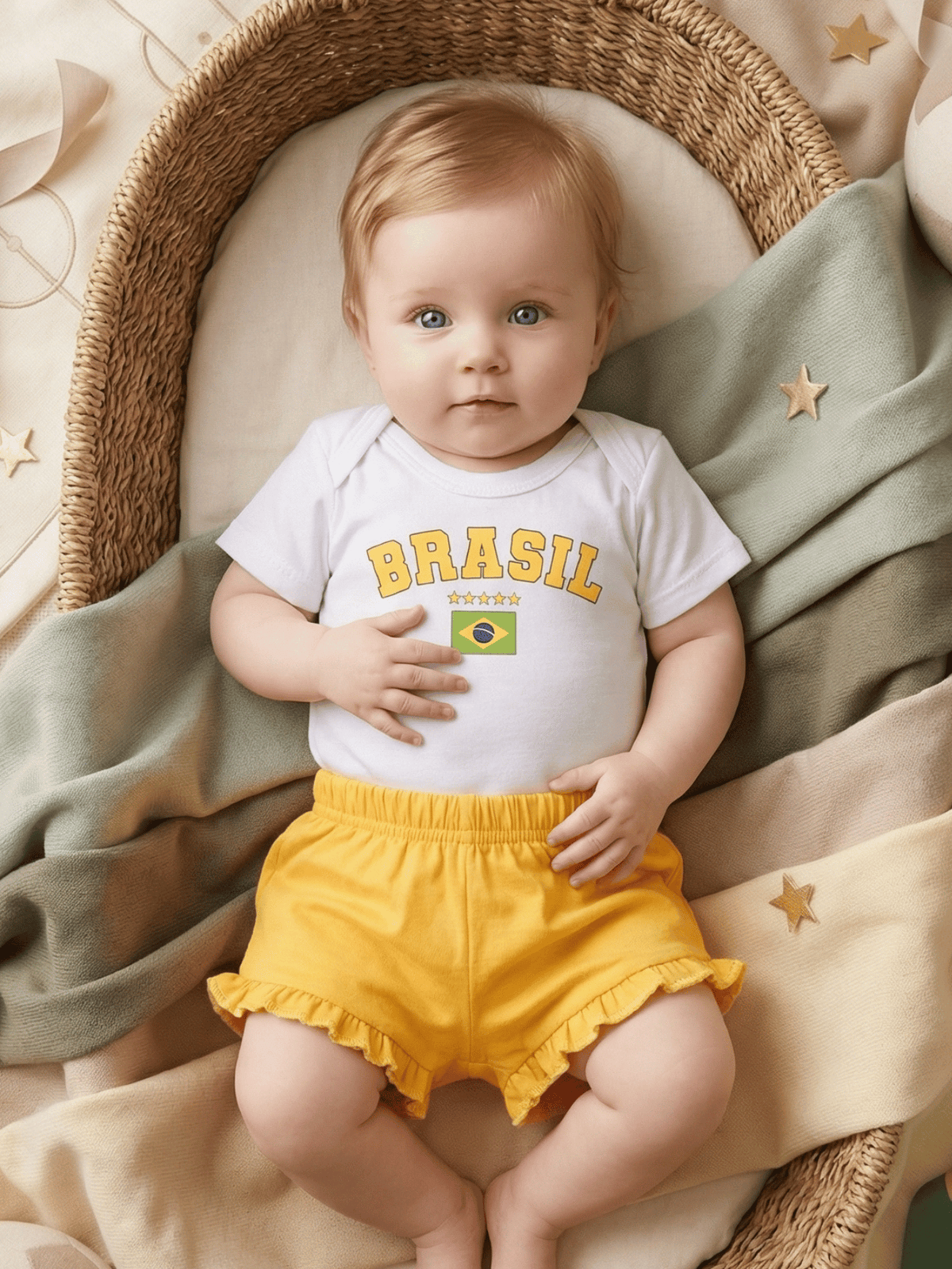 Conjunto Bebê Menina Body Branco Brasil Copa com Short Babadinho 100% Algodão