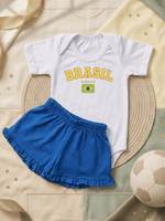 Conjunto Bebê Menina Body Branco Brasil Copa com Short Babadinho 100% Algodão