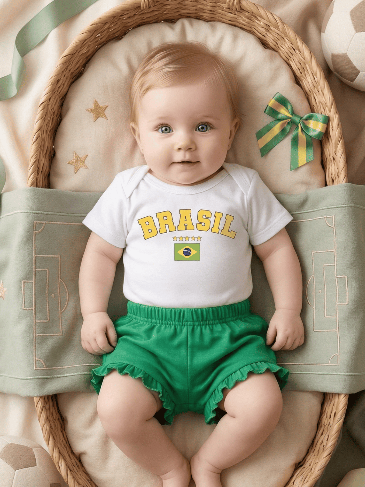 Conjunto Bebê Menina Body Branco Brasil Copa com Short Babadinho 100% Algodão