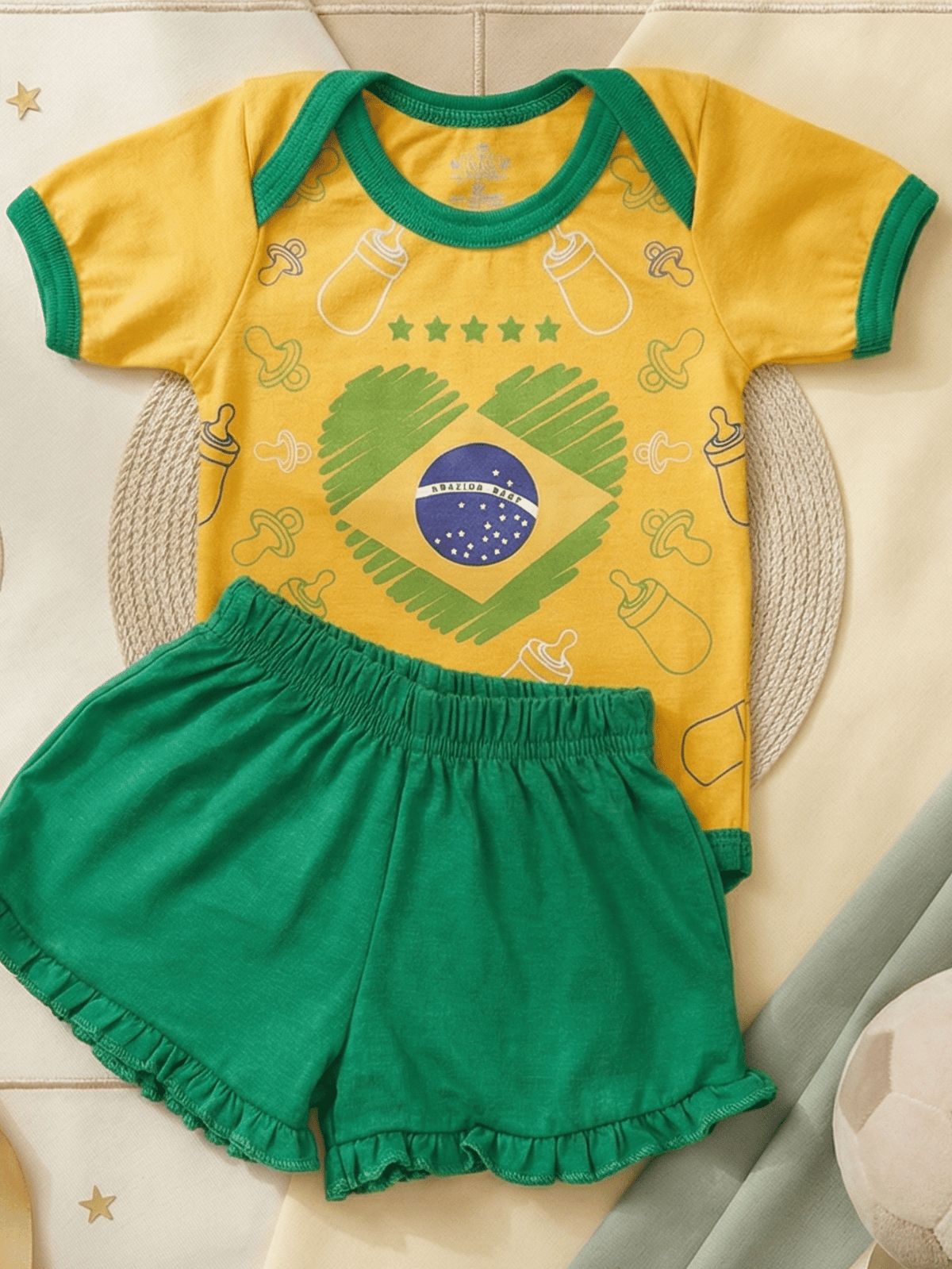 Conjunto Bebê Menina Brasil Body Estampado E Short Babadinho 100% Algodão