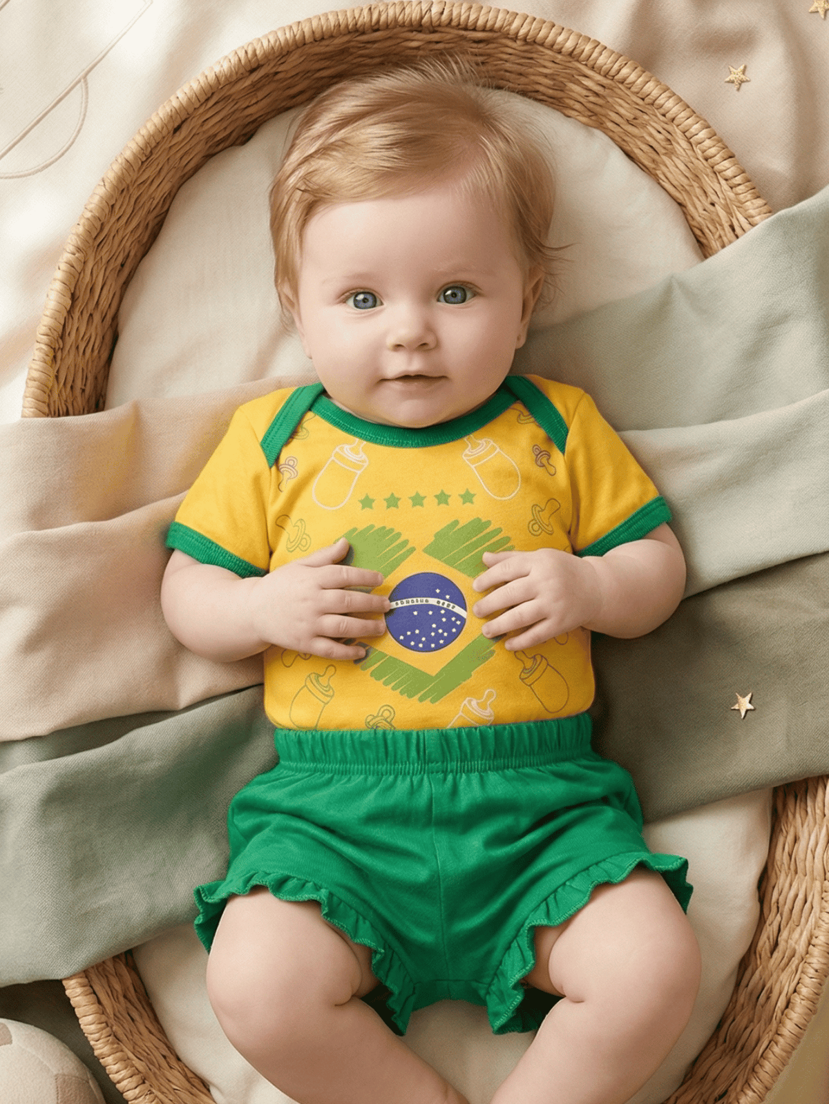Conjunto Bebê Menina Brasil Body Estampado E Short Babadinho 100% Algodão