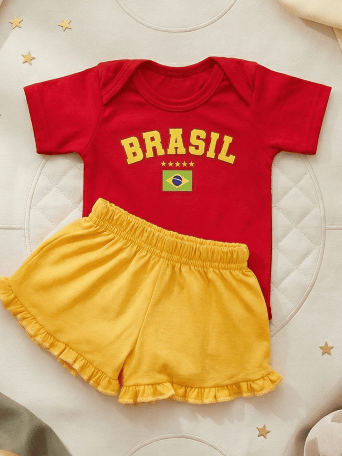 Conjunto Bebê Menina Brasil Body Vermelho Com Short Babadinho Amarelo 100% Algodão