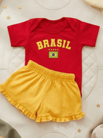 Conjunto Bebê Menina Brasil Body Vermelho Com Short Babadinho Amarelo 100% Algodão
