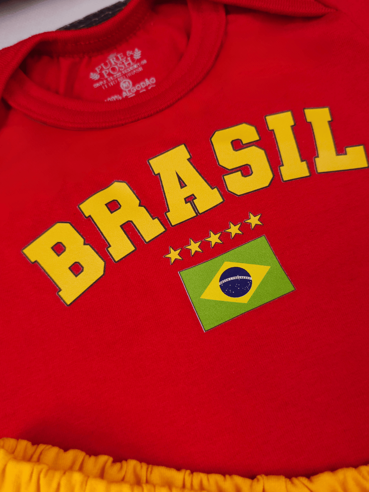 Conjunto Bebê Menina Brasil Body Vermelho Com Short Babadinho Amarelo 100% Algodão