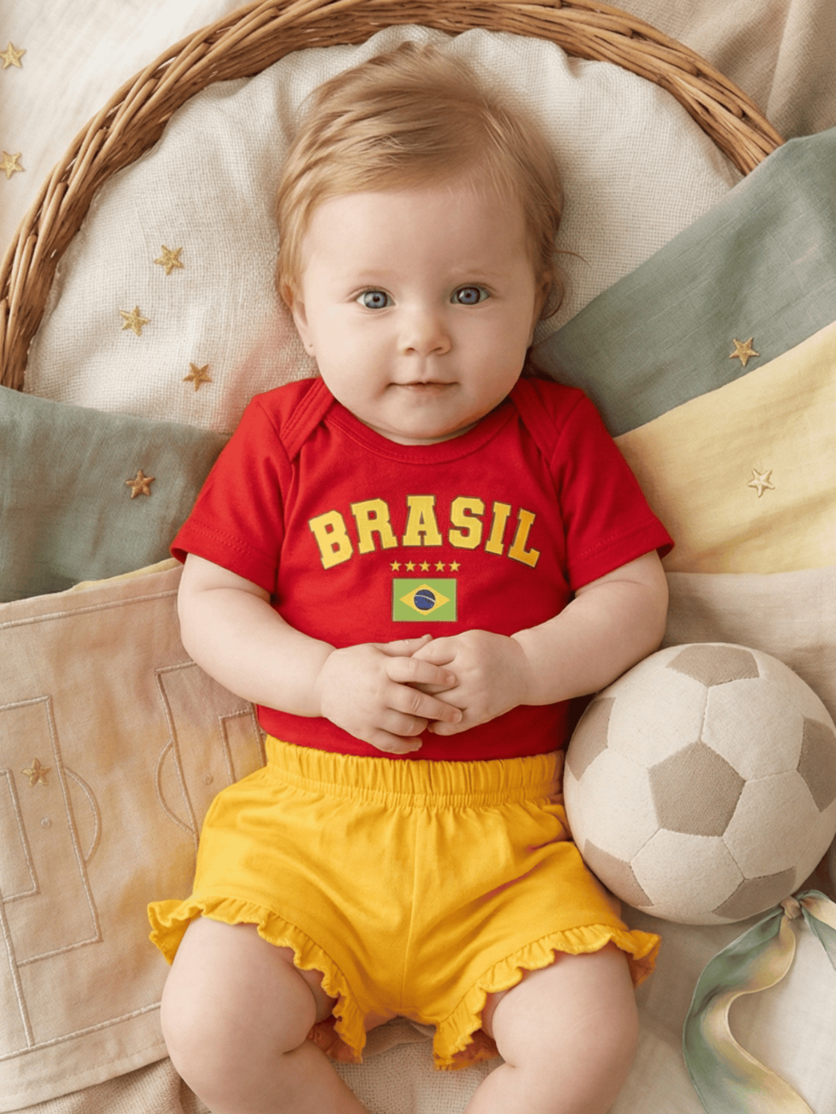 Conjunto Bebê Menina Brasil Body Vermelho Com Short Babadinho Amarelo 100% Algodão