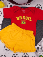Conjunto Bebê Menina Brasil Body Vermelho Com Short Babadinho Amarelo 100% Algodão