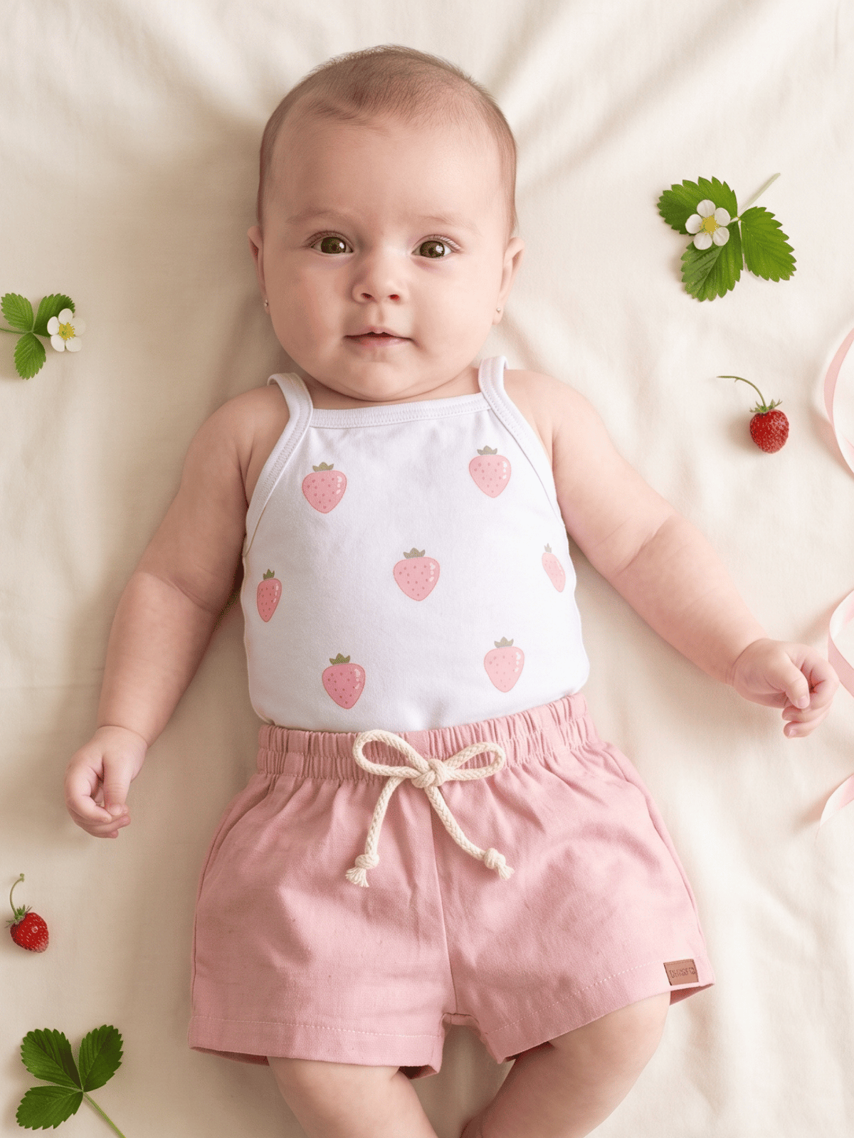 Conjunto Bebê Menina Body Alcinha Moranguinho e Short Linho