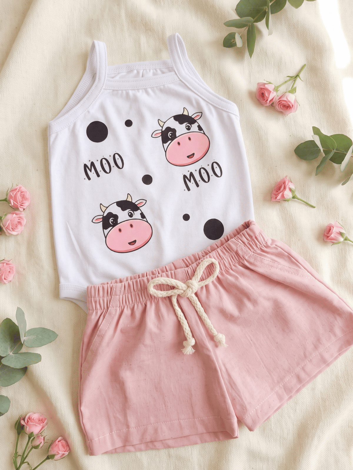 Conjunto Bebê Menina Body Alcinha Vaquinha e Short Linho