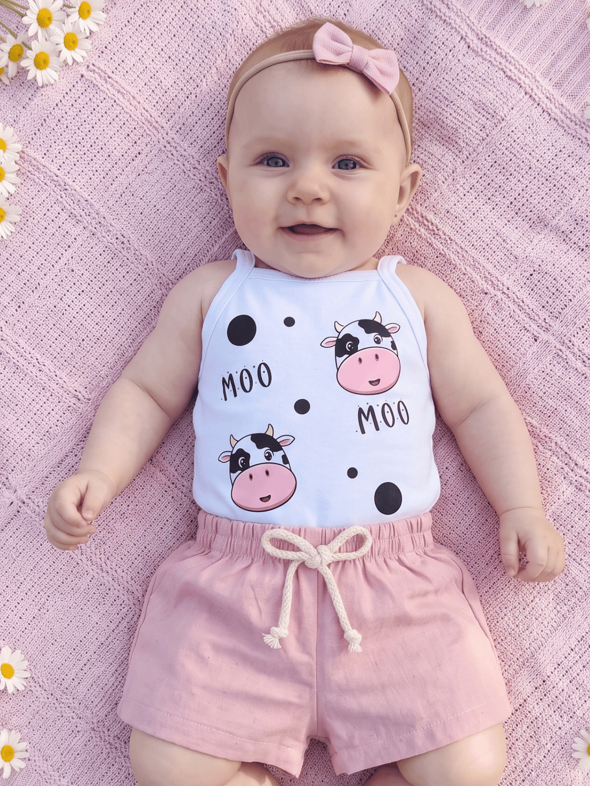 Conjunto Bebê Menina Body Alcinha Vaquinha e Short Linho