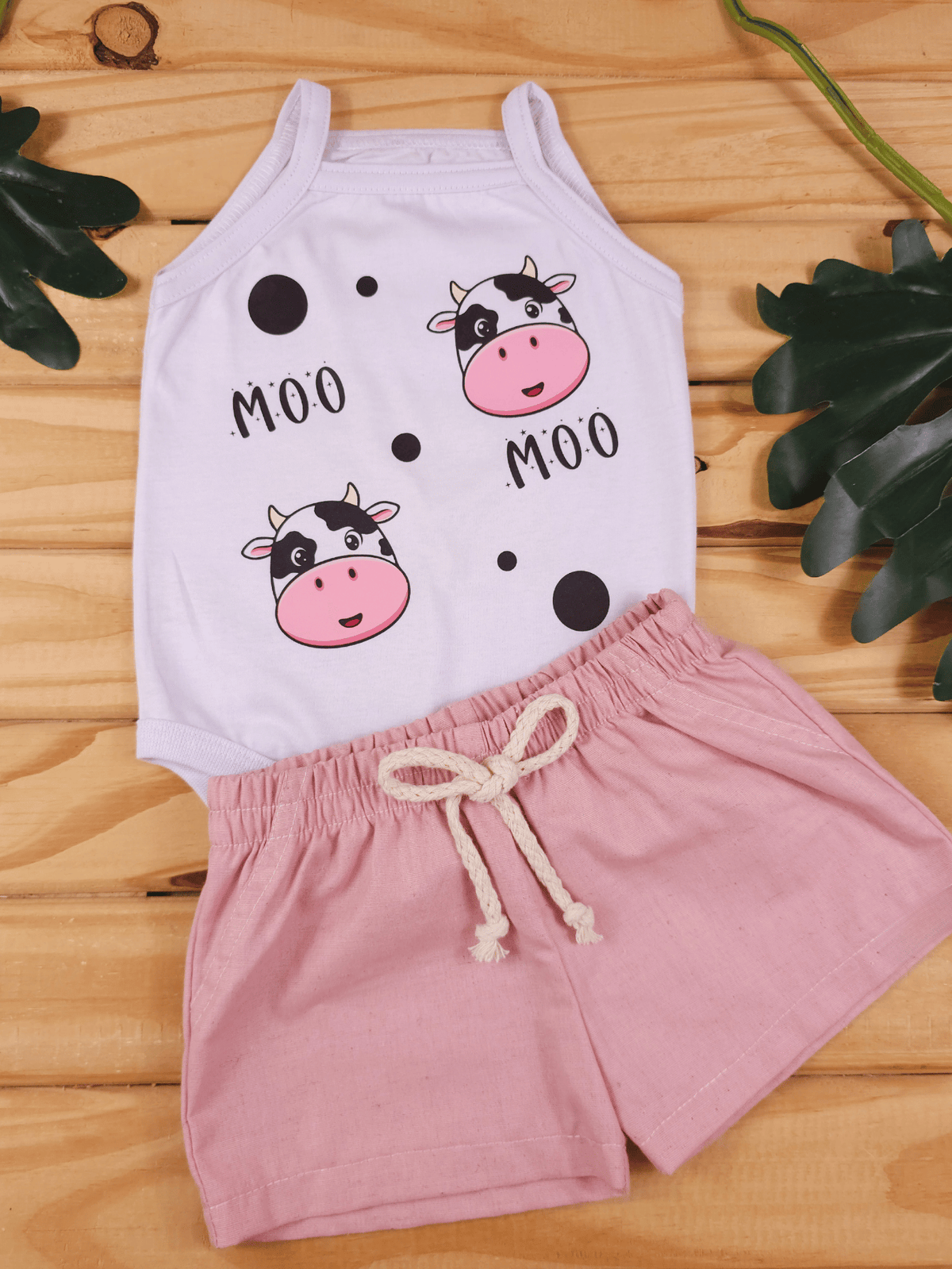 Conjunto Bebê Menina Body Alcinha Vaquinha e Short Linho