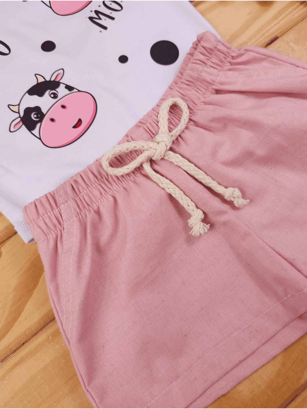 Conjunto Bebê Menina Body Alcinha Vaquinha e Short Linho