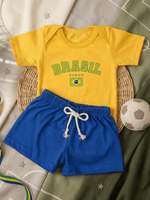 Roupa Conjunto de Bebê Menino Body Amarelo Brasil E Short de Malha