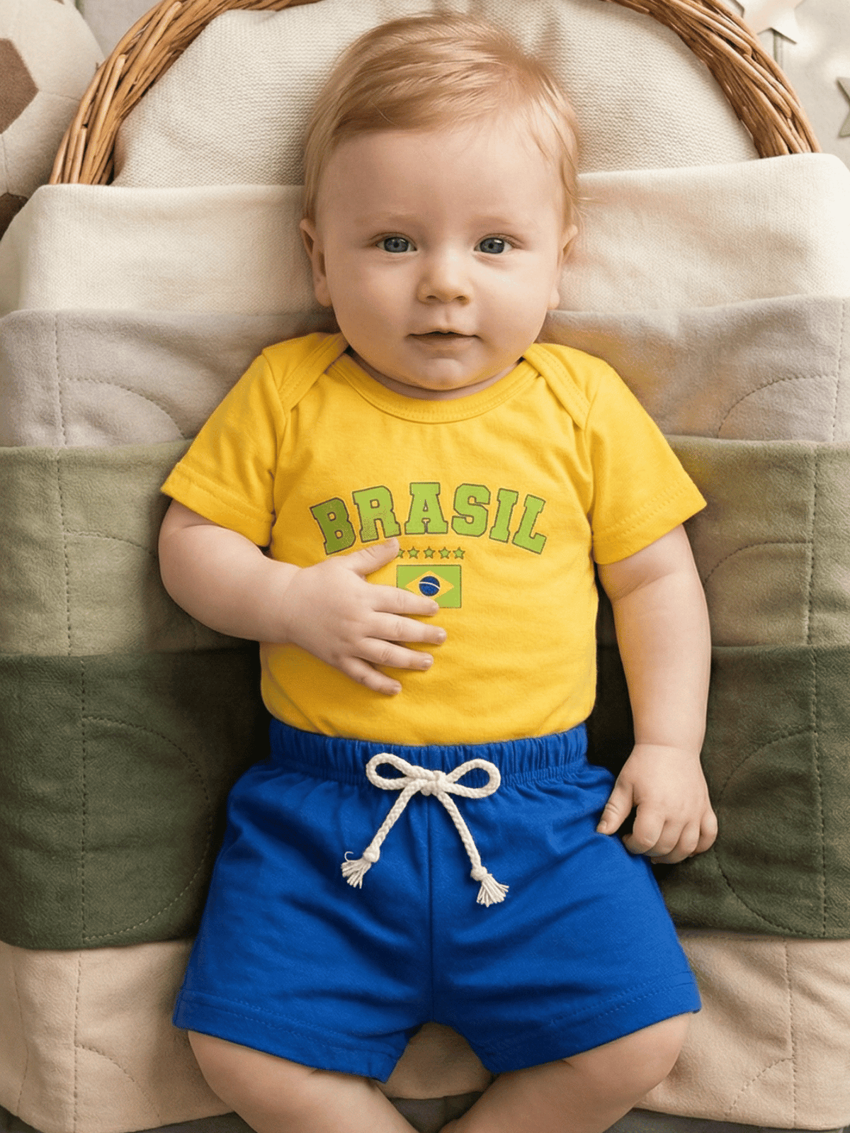 Roupa Conjunto de Bebê Menino Body Amarelo Brasil E Short de Malha