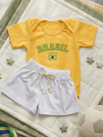 Roupa Conjunto de Bebê Menino Body Amarelo Brasil E Short de Malha