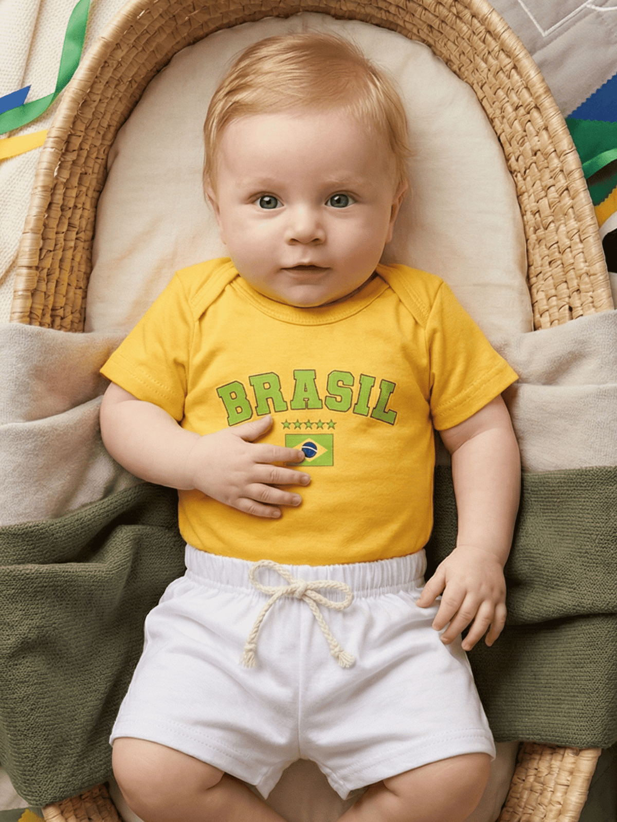 Roupa Conjunto de Bebê Menino Body Amarelo Brasil E Short de Malha