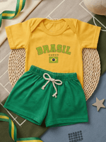 Roupa Conjunto de Bebê Menino Body Amarelo Brasil E Short de Malha
