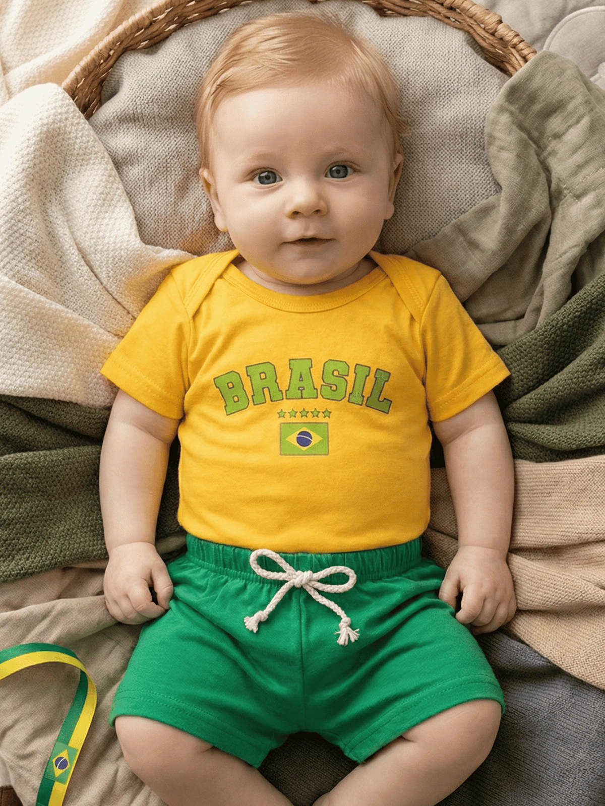 Roupa Conjunto de Bebê Menino Body Amarelo Brasil E Short de Malha