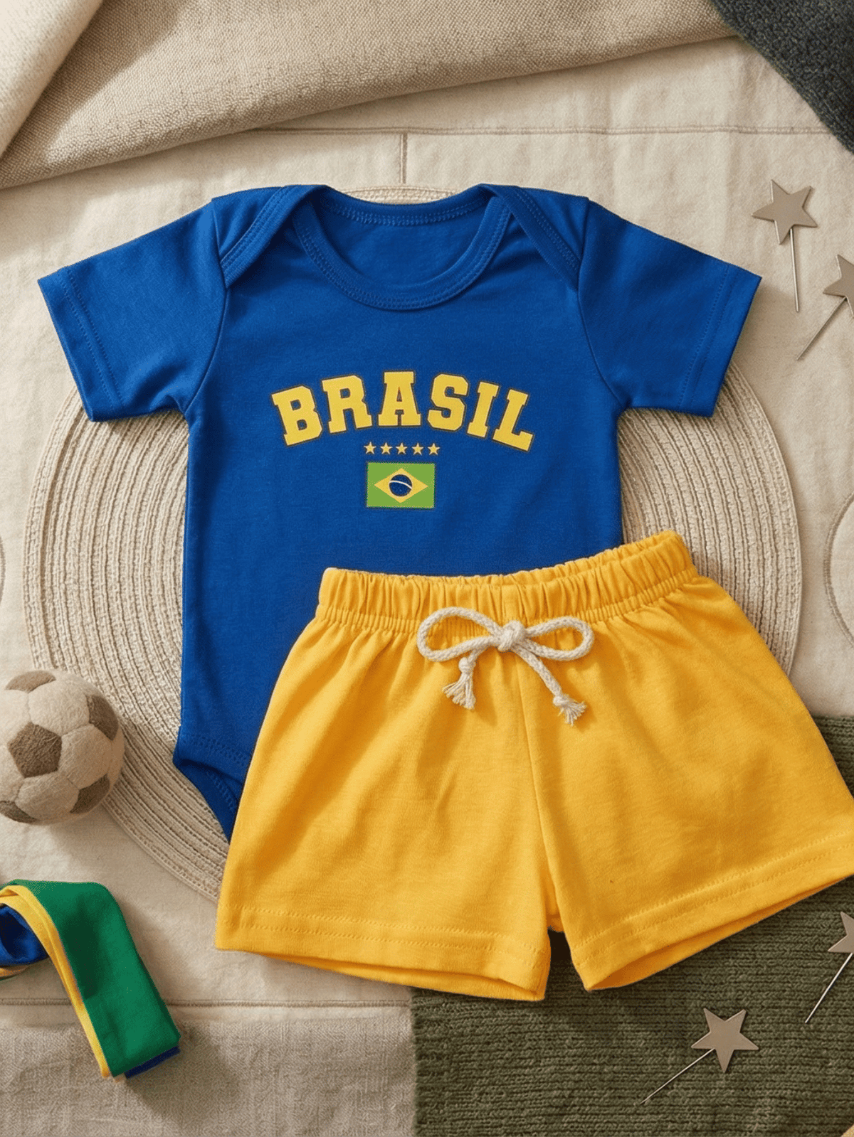 Conjunto Bebê Menino Brasil Body Azul e Short de Malha 100% Algodão