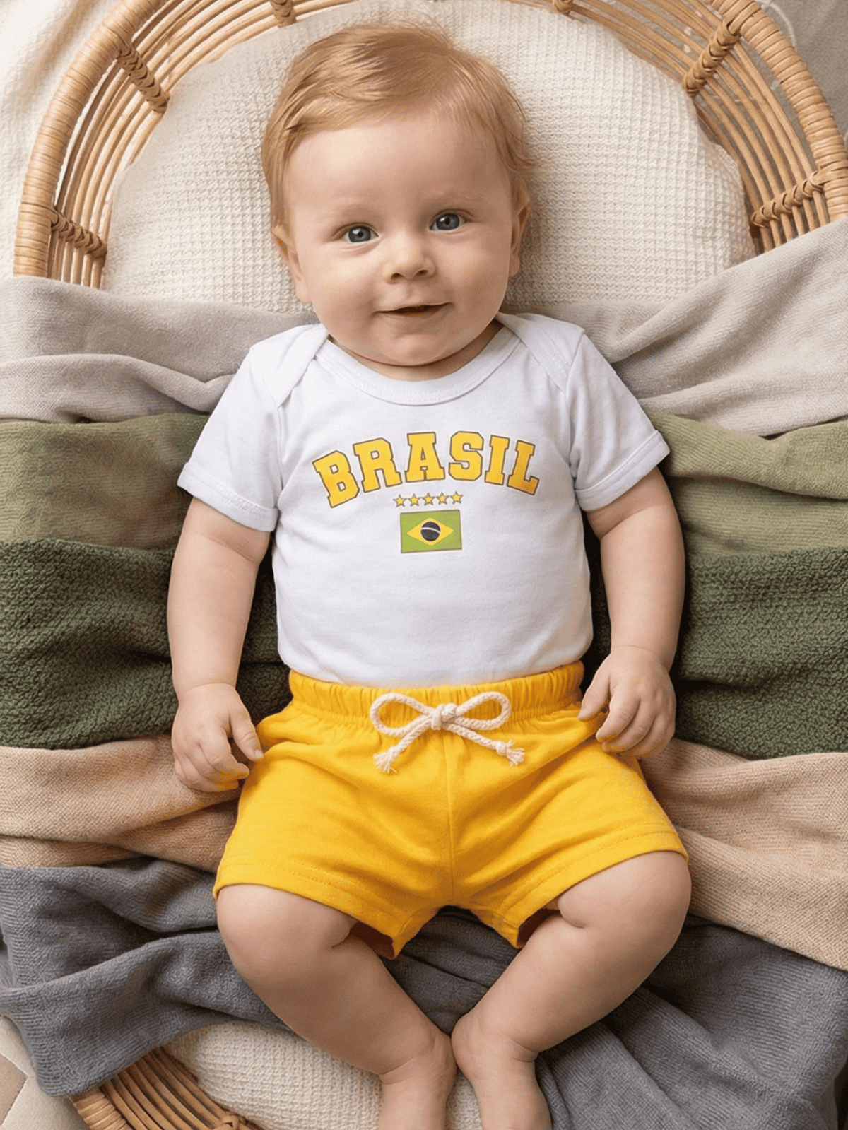 Conjunto Bebê Menino Copa Brasil Body Branco e Short de Malha 100% Algodão