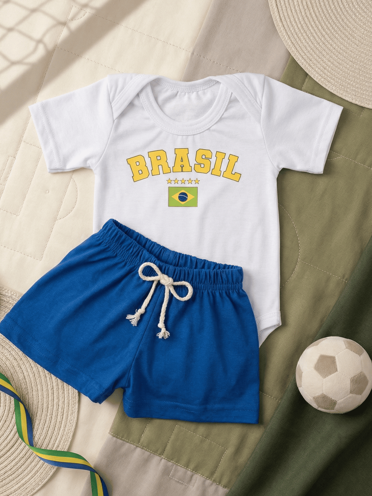 Conjunto Bebê Menino Copa Brasil Body Branco e Short de Malha 100% Algodão