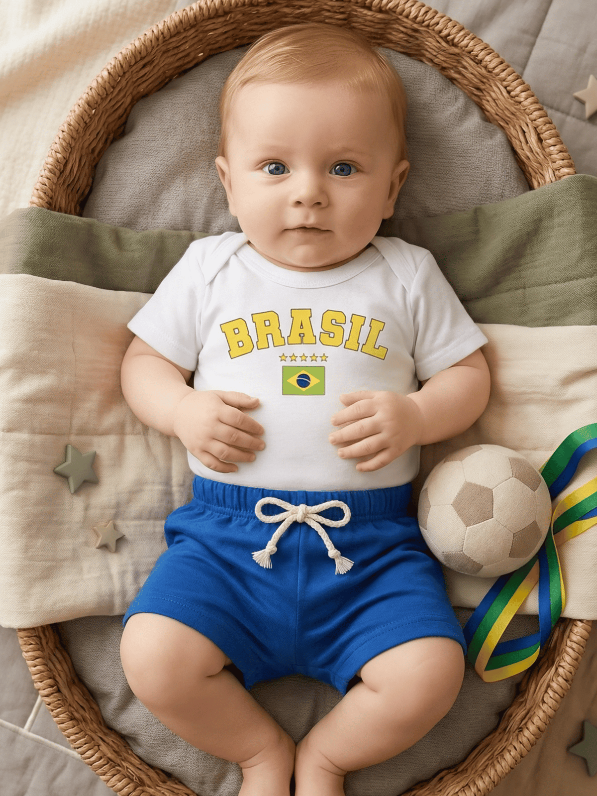 Conjunto Bebê Menino Copa Brasil Body Branco e Short de Malha 100% Algodão
