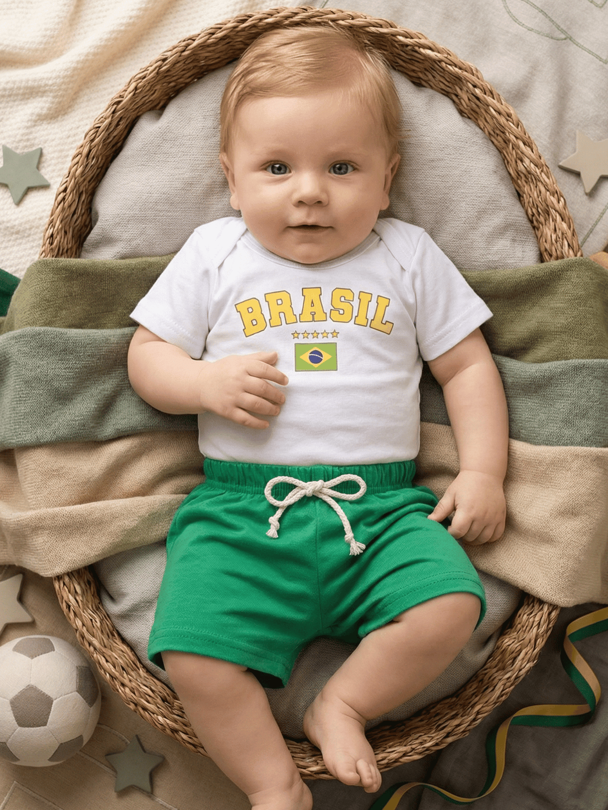 Conjunto Bebê Menino Copa Brasil Body Branco e Short de Malha 100% Algodão
