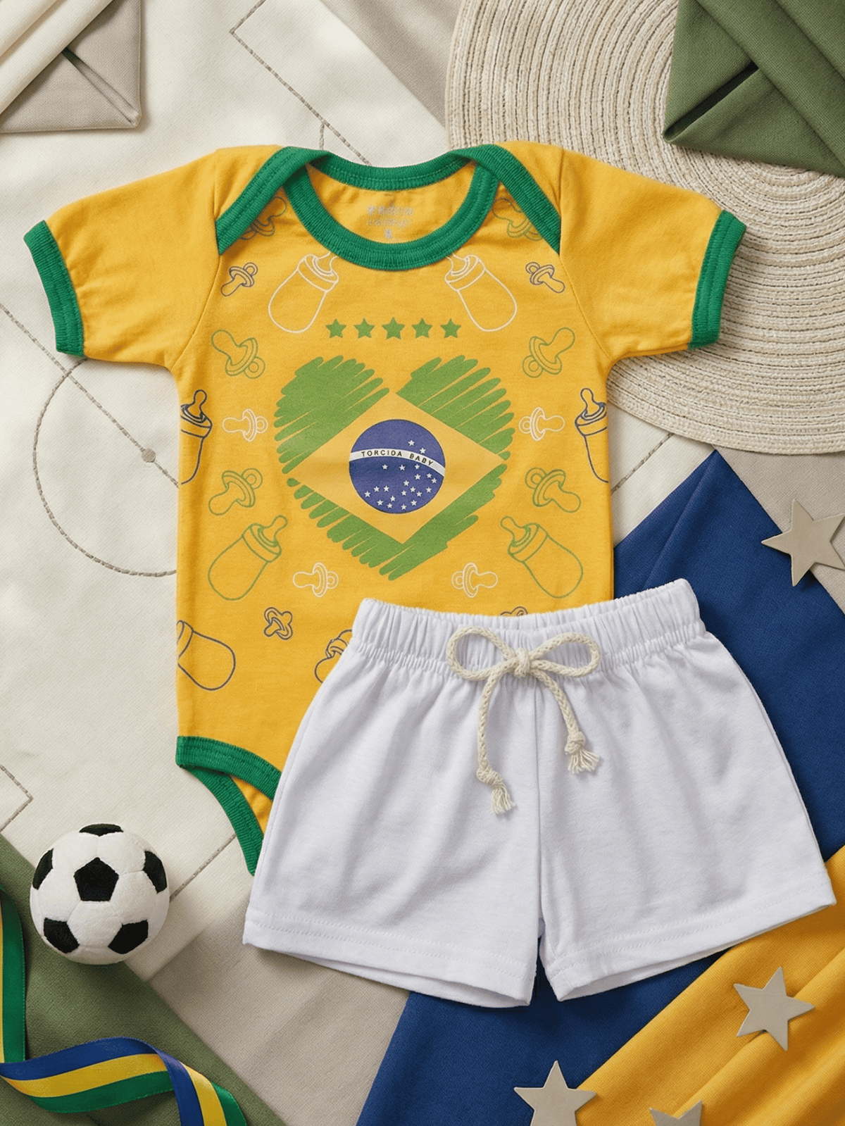 Conjunto Bebê Menino Brasil Body Estampado E Short de Malha 100% Algodão