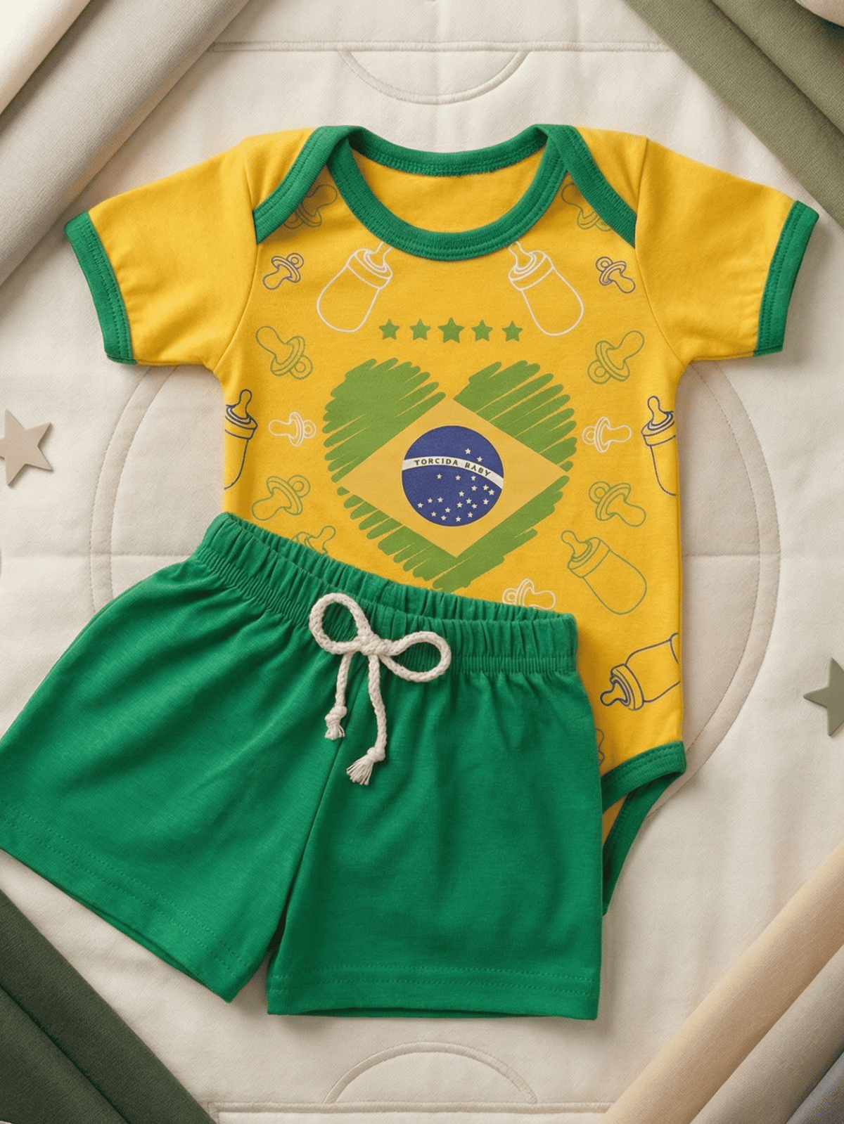 Conjunto Bebê Menino Brasil Body Estampado E Short de Malha 100% Algodão