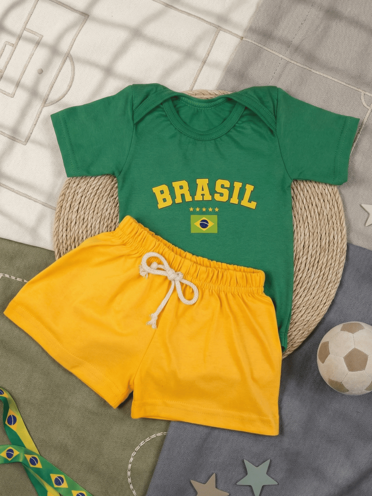 Conjunto Bebê Menino Body Verde E Short de Malha 100% Algodão Brasil Copa do Mundo