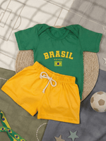 Conjunto Bebê Menino Body Verde E Short de Malha 100% Algodão Brasil Copa do Mundo