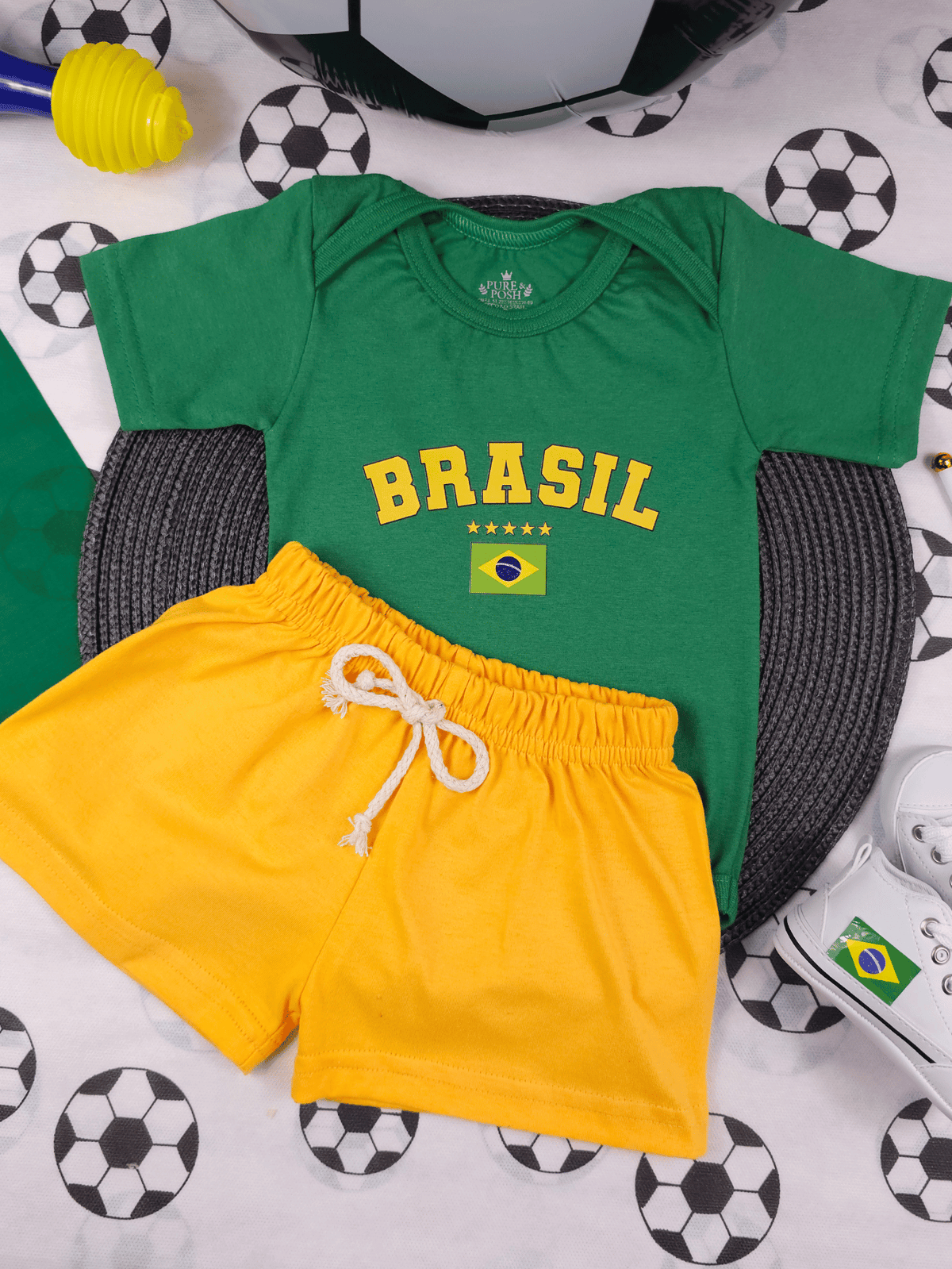 Conjunto Bebê Menino Body Verde E Short de Malha 100% Algodão Brasil Copa do Mundo