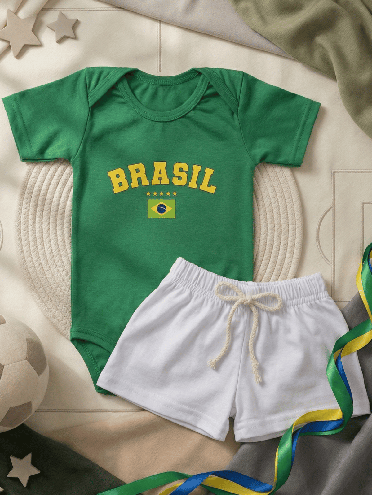 Conjunto Bebê Menino Body Verde E Short de Malha 100% Algodão Brasil Copa do Mundo