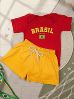 Conjunto Bebê Menino Body Vermelho Brasil Com Short Amarelo De Malha